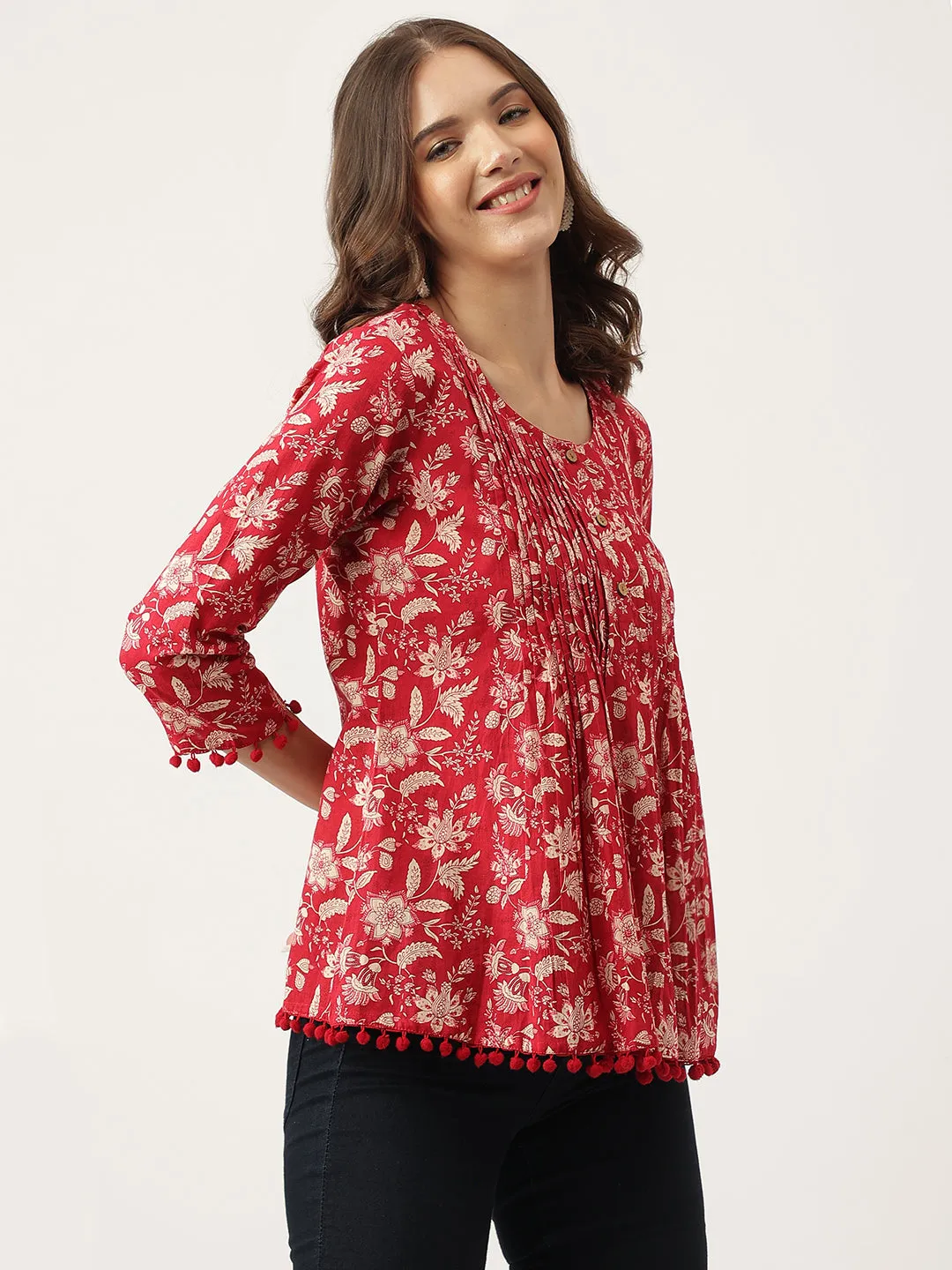 Jashvi Red Floral Printed Cotton Peplum Top