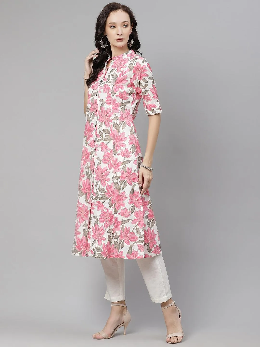 Jashvi White Floral Print Cotton A-Line Plus Size Kurta for Women