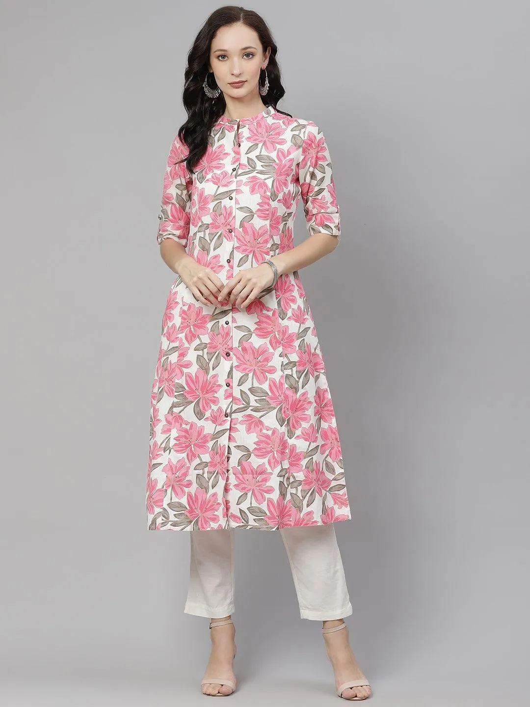 Jashvi White Floral Print Cotton A-Line Plus Size Kurta for Women