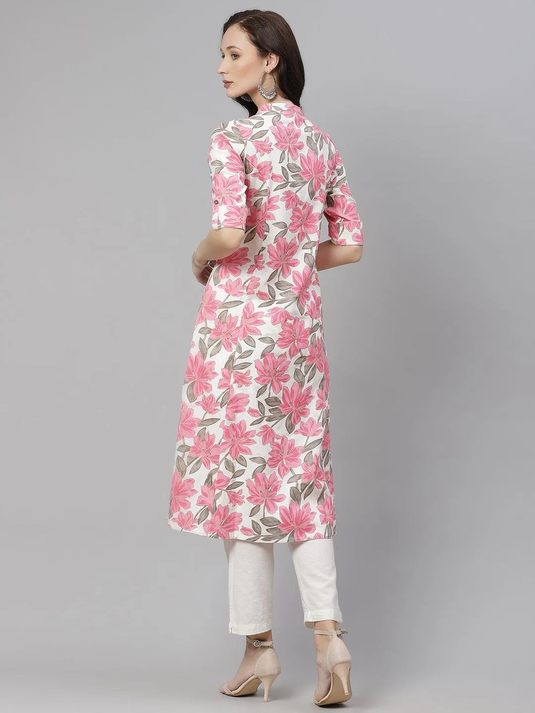 Jashvi White Floral Print Cotton A-Line Plus Size Kurta for Women