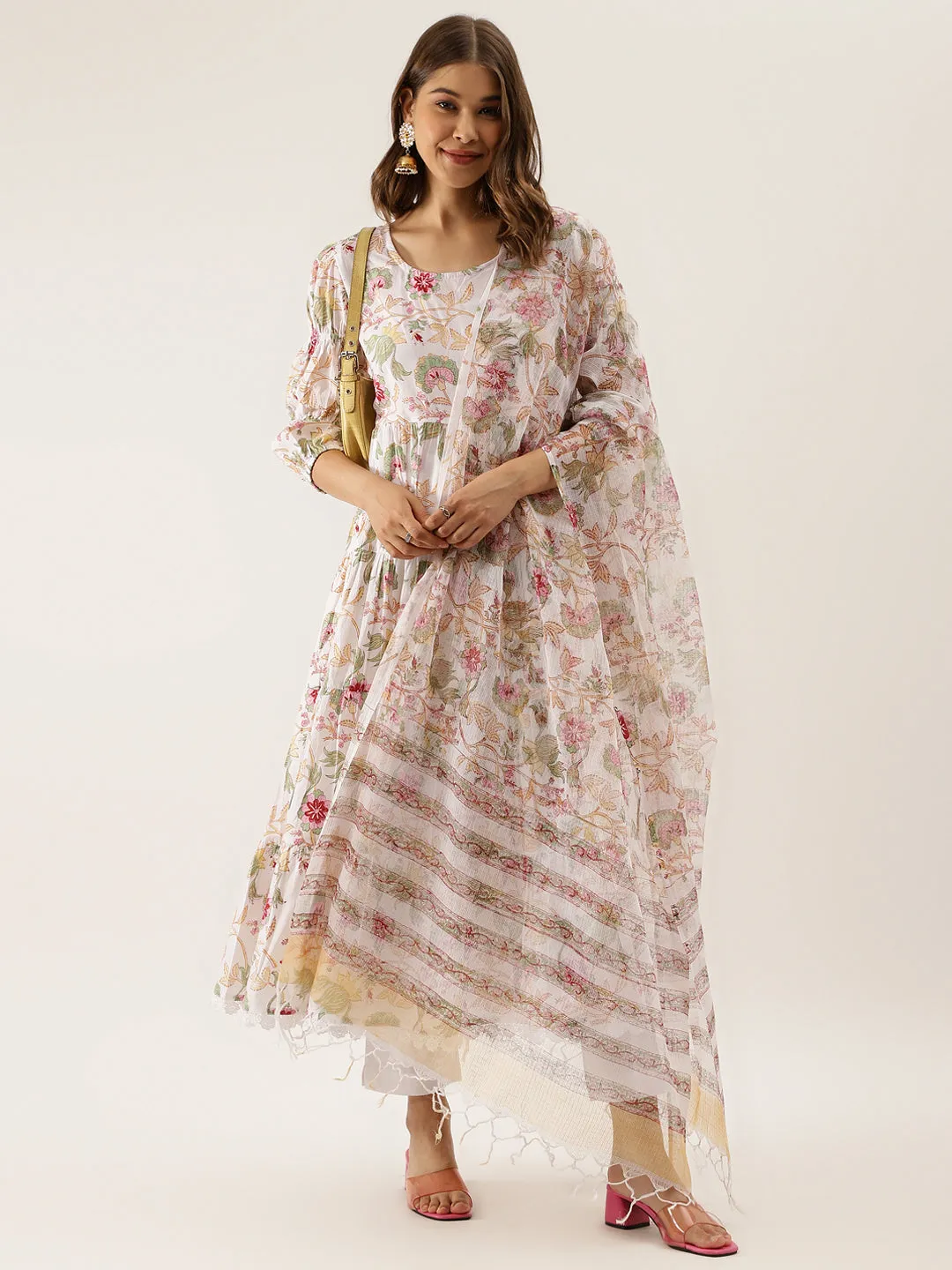 Jashvi White Handblock Floral Printed Cotton Anarkali Kurta Set with Kota Doria Dupatta