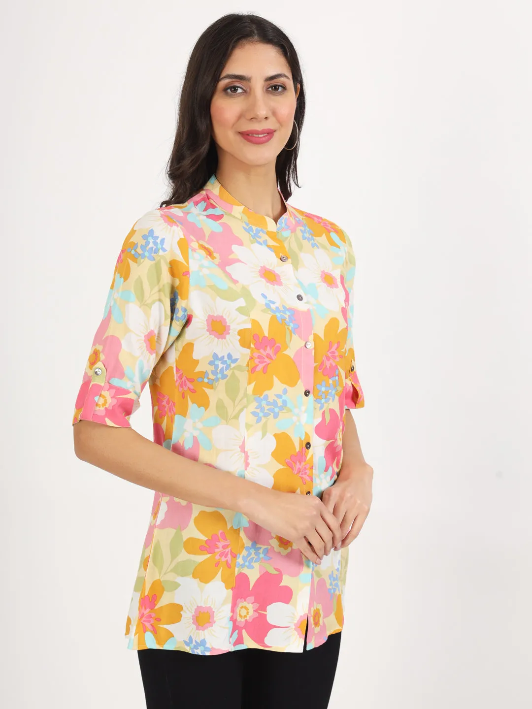 Jashvi Yellow Floral Printed Fold Sleeve Rayon Top