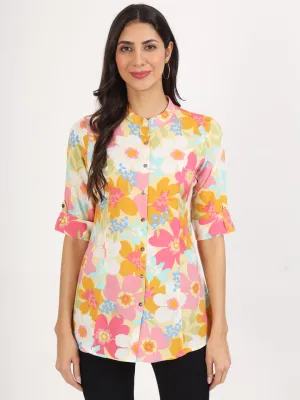 Jashvi Yellow Floral Printed Fold Sleeve Rayon Top