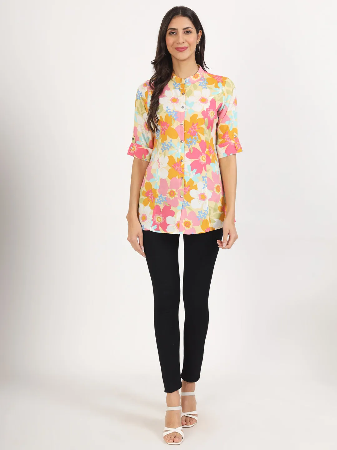 Jashvi Yellow Floral Printed Fold Sleeve Rayon Top