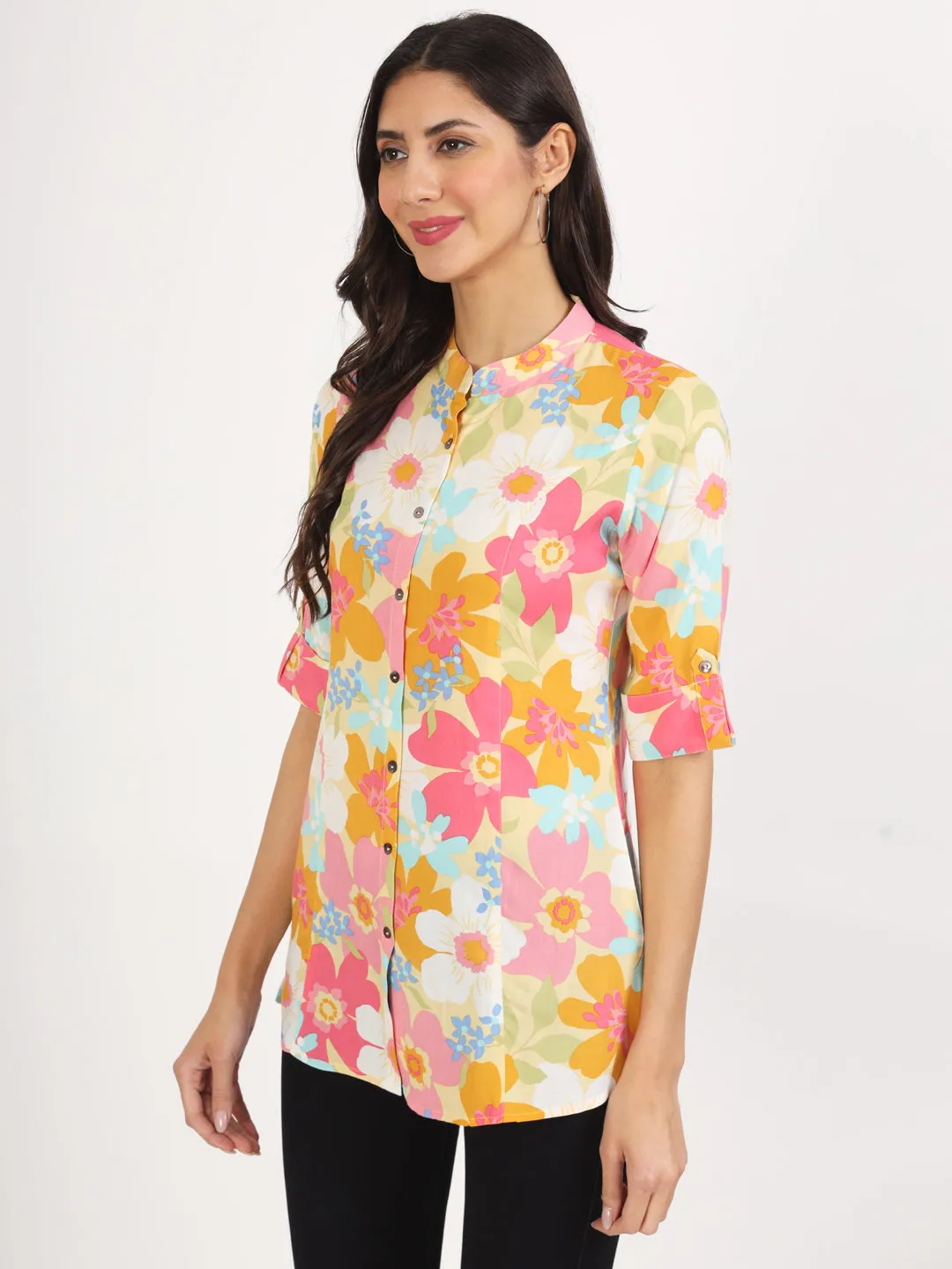 Jashvi Yellow Floral Printed Fold Sleeve Rayon Top