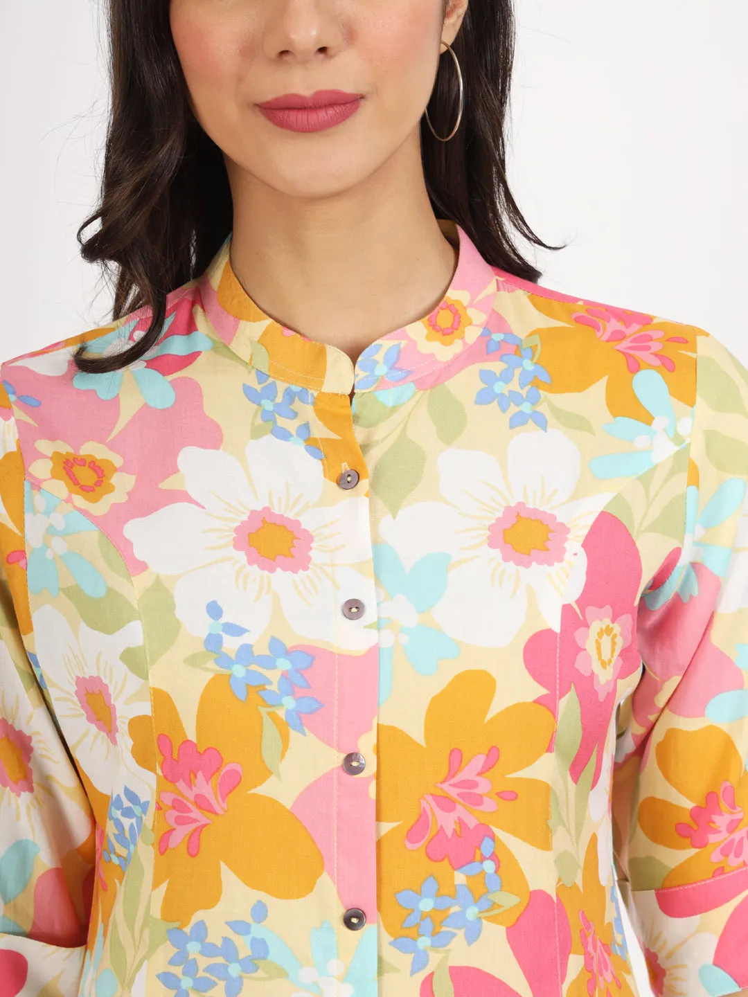 Jashvi Yellow Floral Printed Fold Sleeve Rayon Top