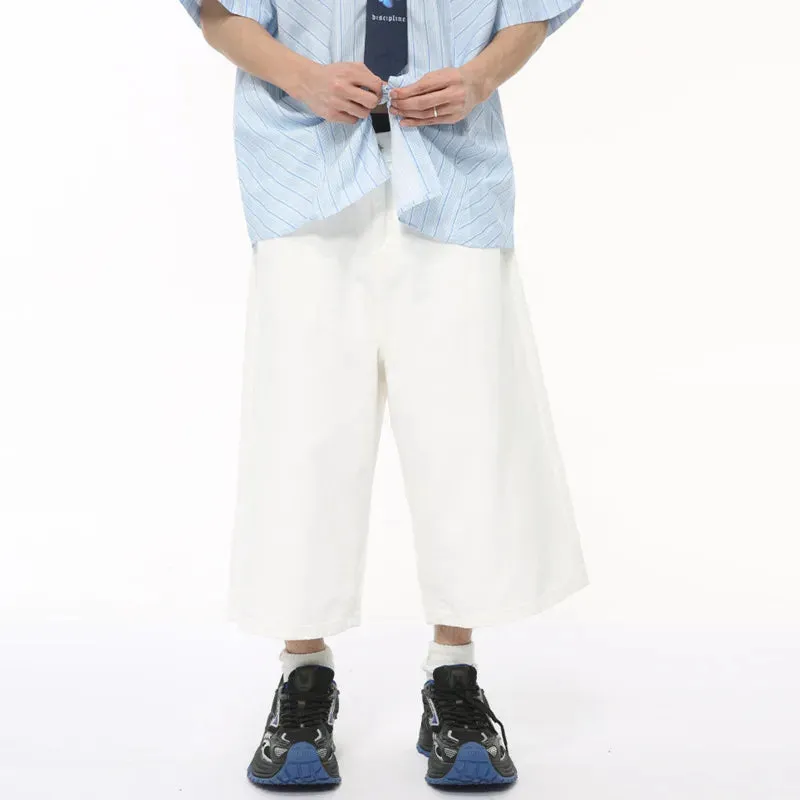 Korean Design Male Jeans Calf-length Pants Loose Wide Leg Trousers Straight Solid Color Male Bottom Summer 9C6431