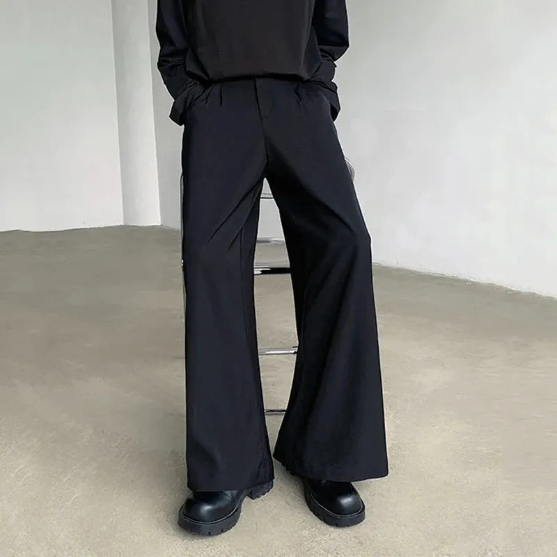 Korean Style Men's Suit Pants Loose Belt Solid Color Pleated Straight Bottom Wide Leg Casual Male Trousers Stylish 9C6995