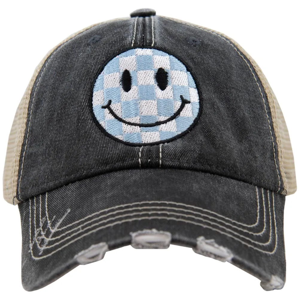 Light Blue Checkered Wholesale Happy Face Hat for Women