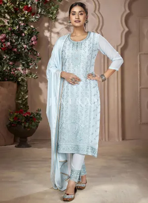 Light Blue Embroidery Traditional Pakistani Pant Suit