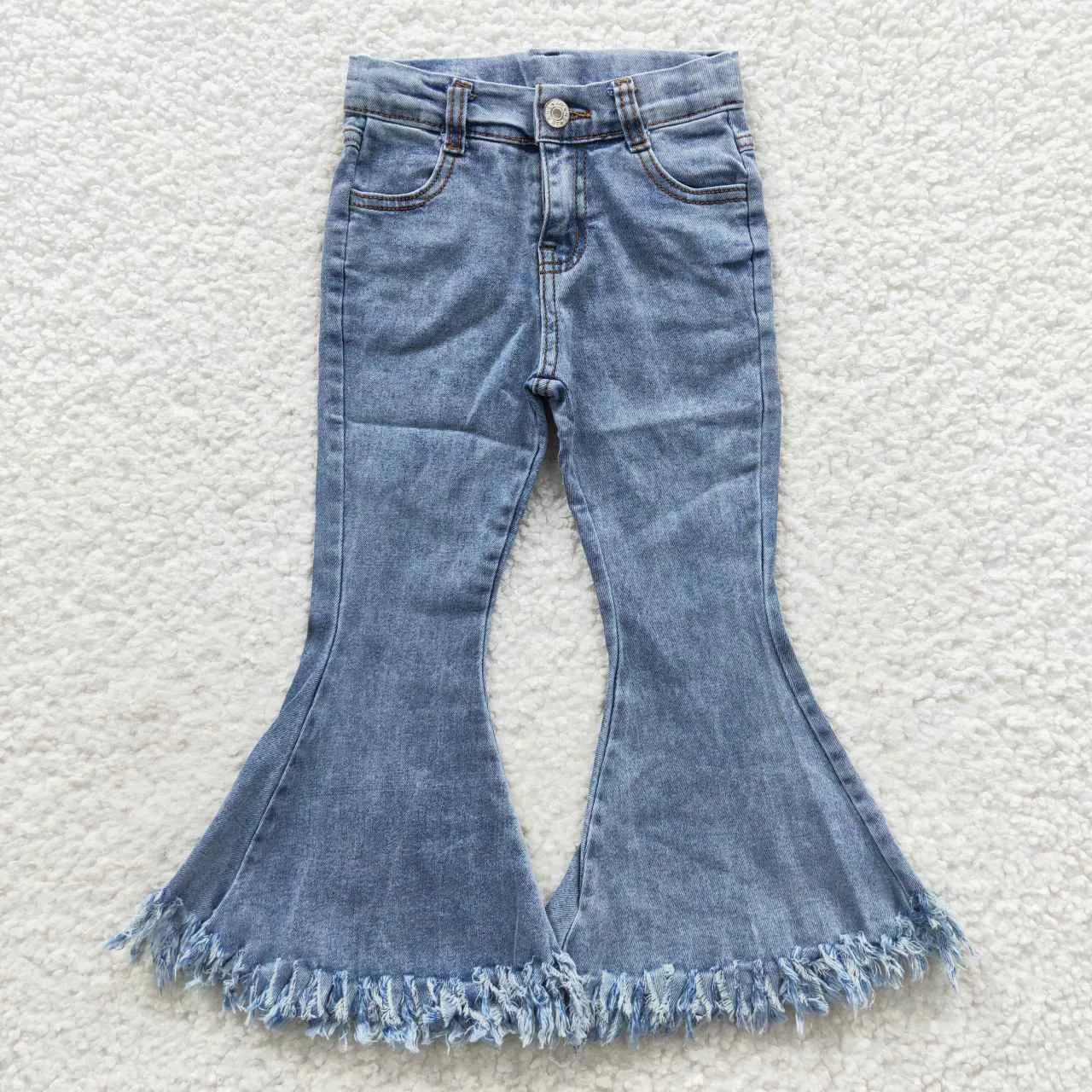 Light blue kids girl flare fringe denim jeans P0132