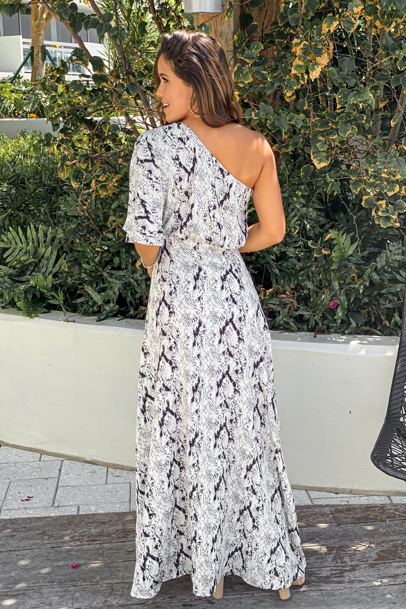 Light Gray Snake Print One Shoulder Maxi Dress