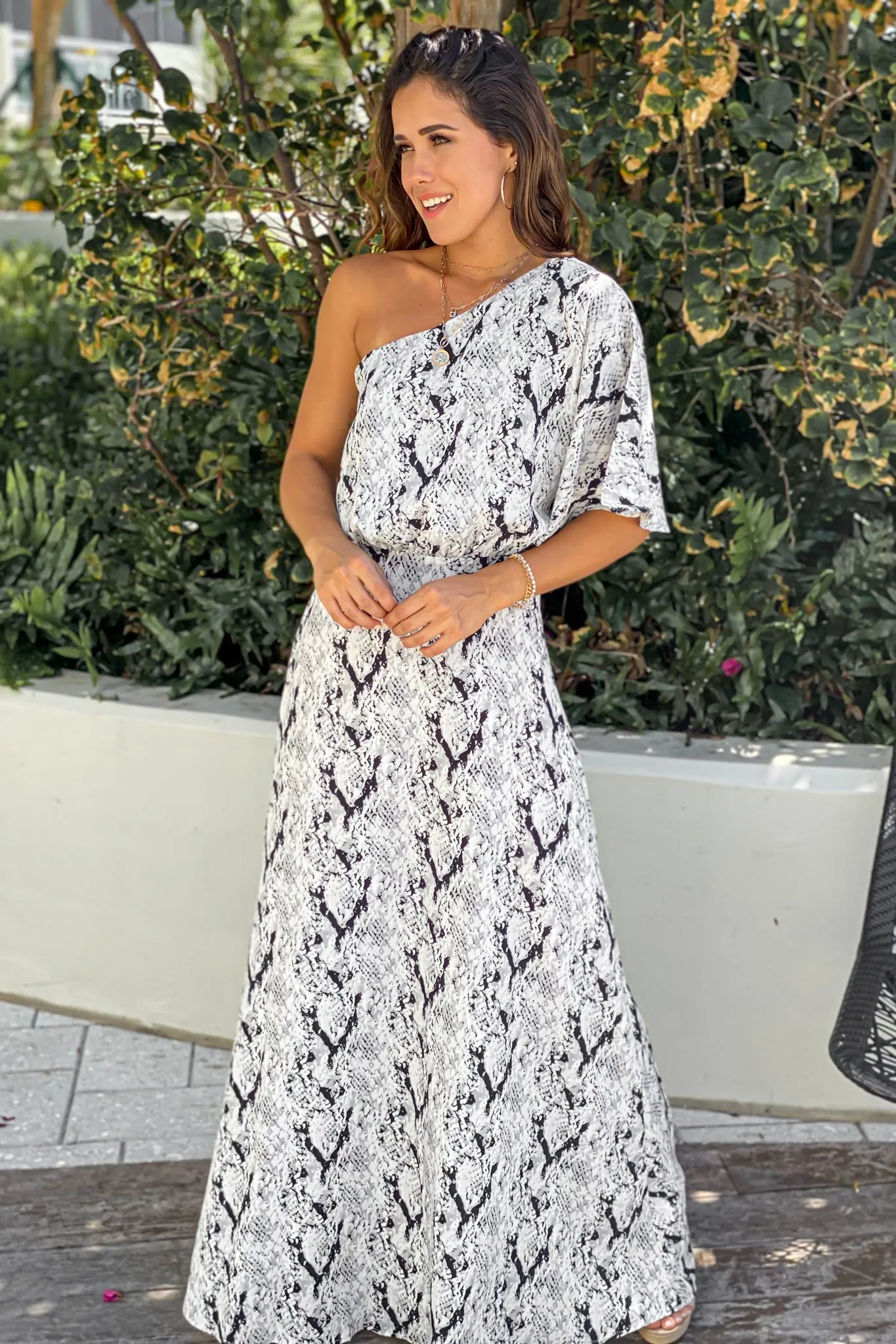 Light Gray Snake Print One Shoulder Maxi Dress