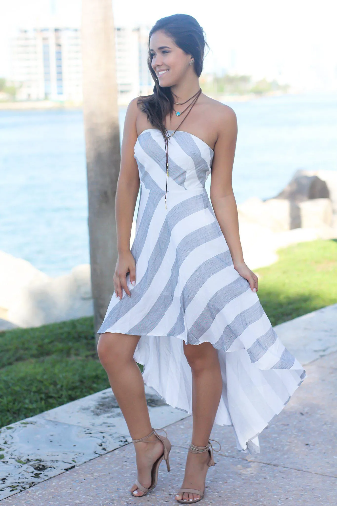 Light Gray Striped Strapless High Low Dress