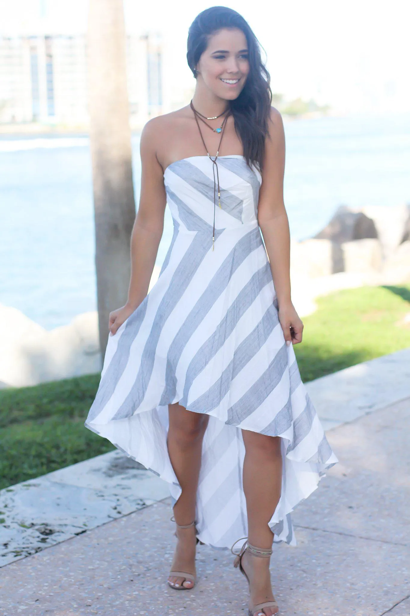 Light Gray Striped Strapless High Low Dress