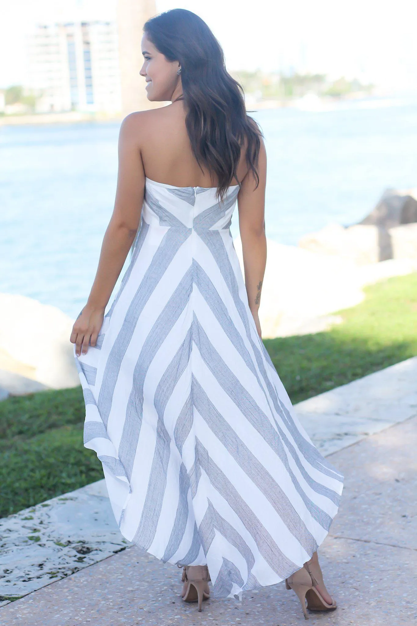 Light Gray Striped Strapless High Low Dress