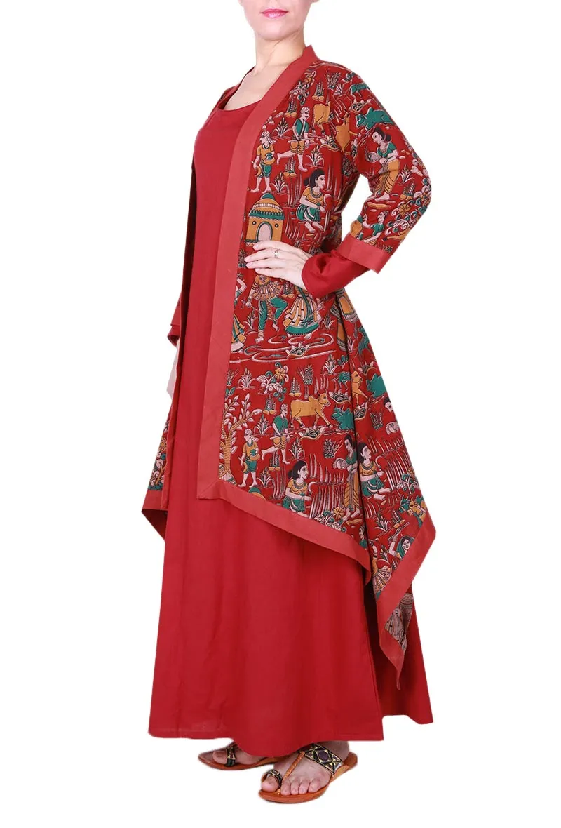 Maroon Asymmetric Kalamkari Cape