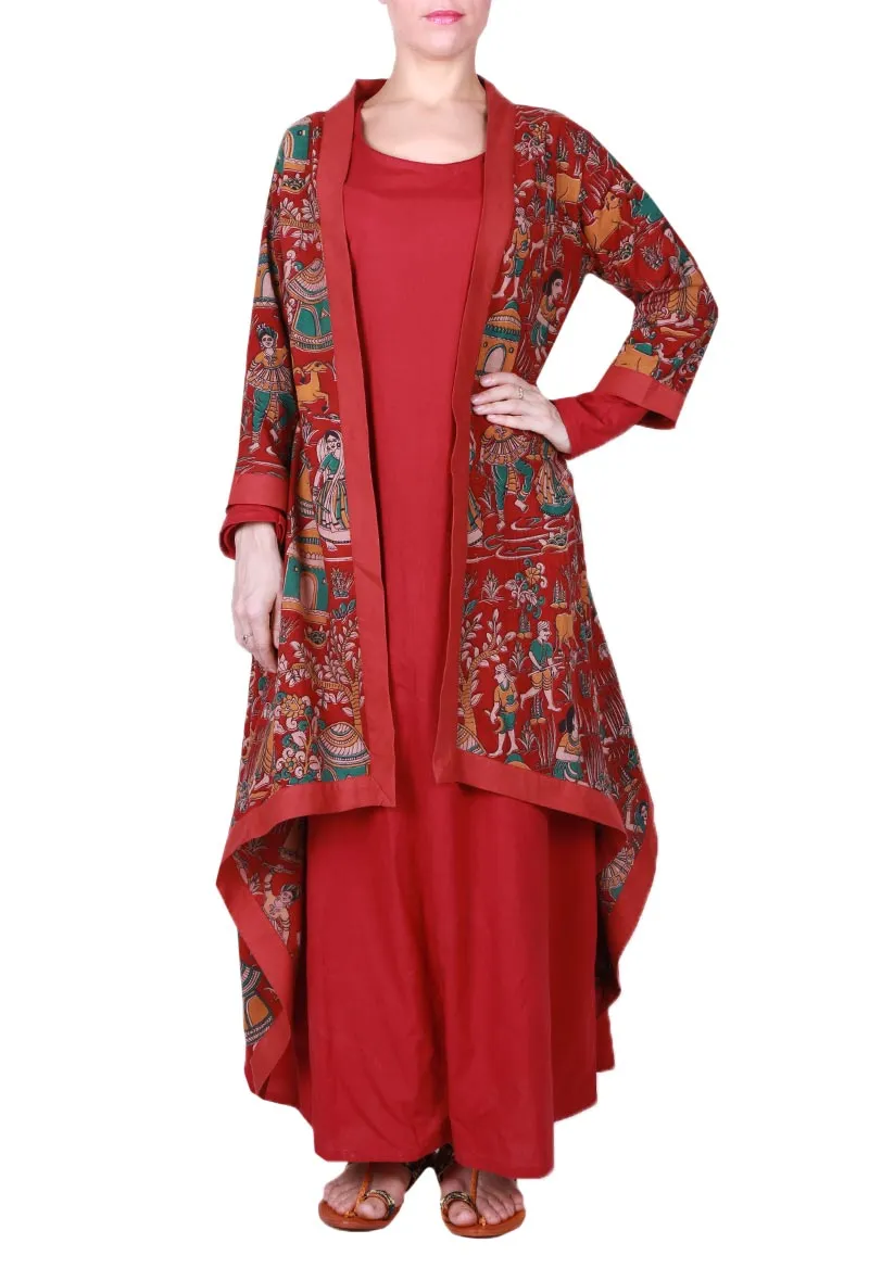 Maroon Asymmetric Kalamkari Cape