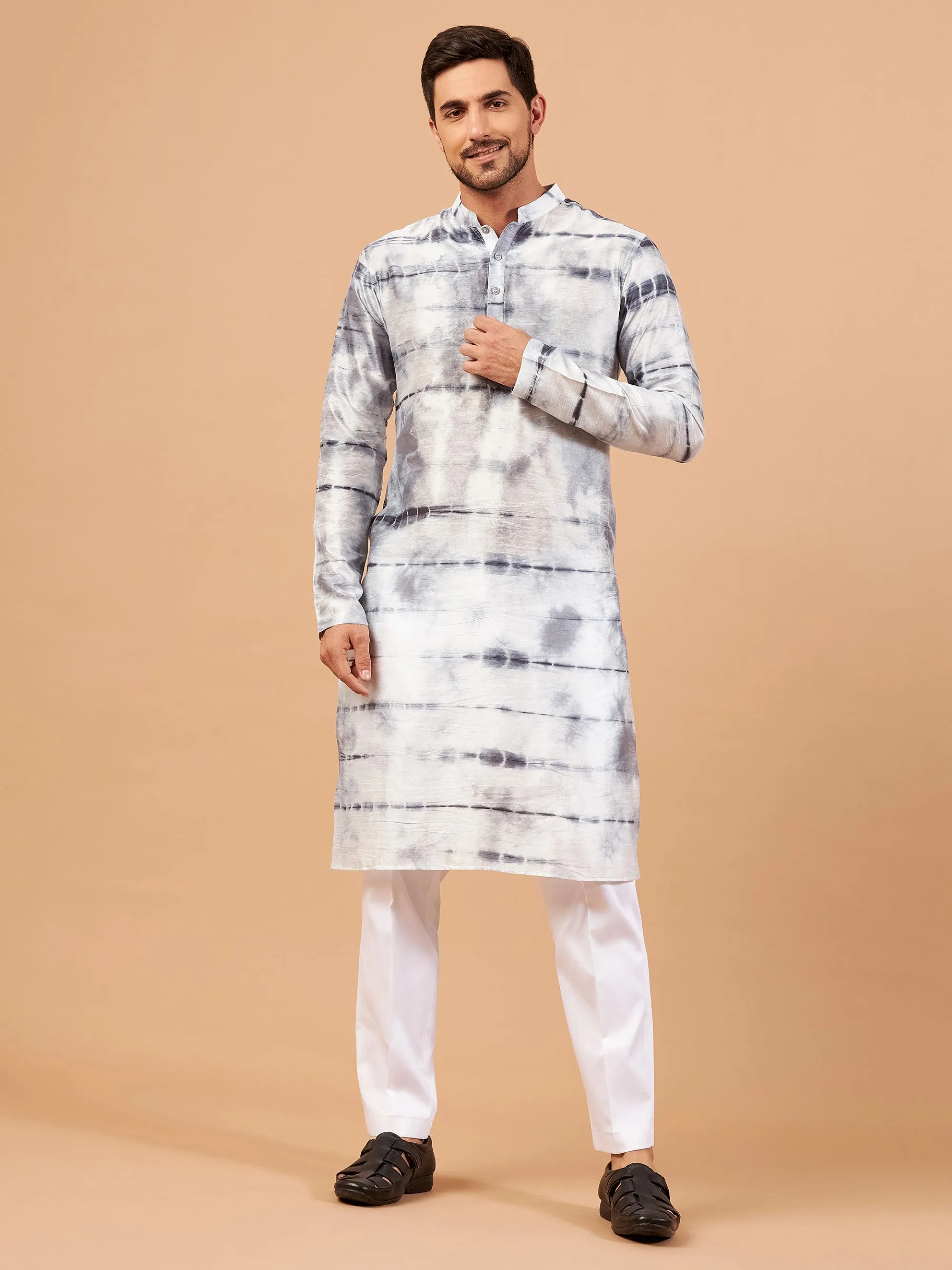 Men's Gretin Grey Tie & Die Kurta With Crop Pants - Hilo Design