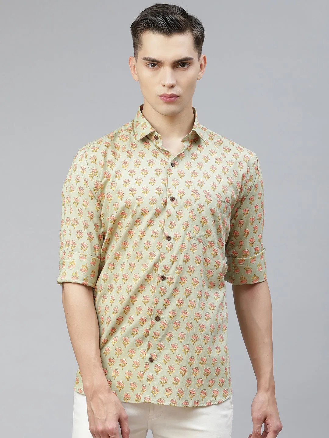 Men's Light Green Cotton Full Sleeves Shirt - Taantav