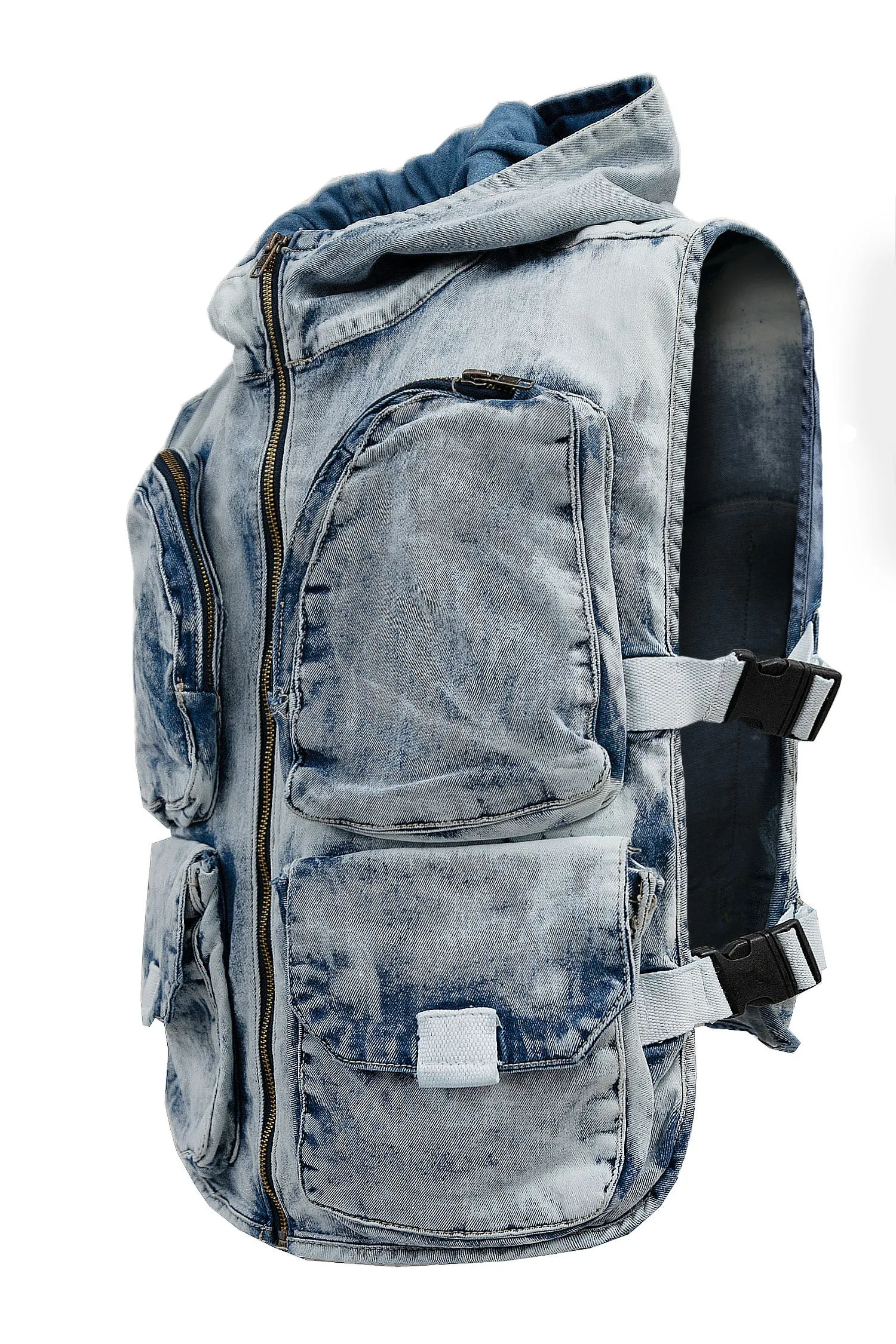 Men's Multi Pocket Backpack Denim Hooded Cargo Vest