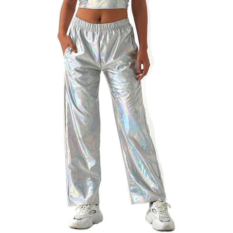 Metallic Coated Fabric Casual Pants Women High Street Design Aurora Laser Gradient High Waist Straight Pants All Matching Elastic Mop Pants