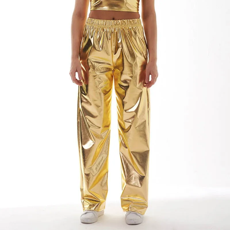 Metallic Coated Fabric Casual Pants Women High Street Design Aurora Laser Gradient High Waist Straight Pants All Matching Elastic Mop Pants