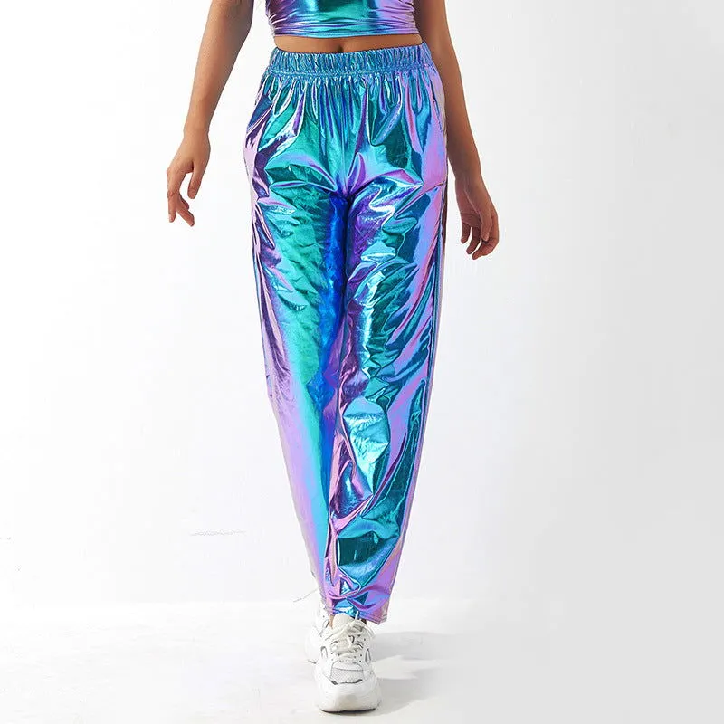 Metallic Coated Fabric Casual Pants Women High Street Design Aurora Laser Gradient High Waist Straight Pants All Matching Elastic Mop Pants