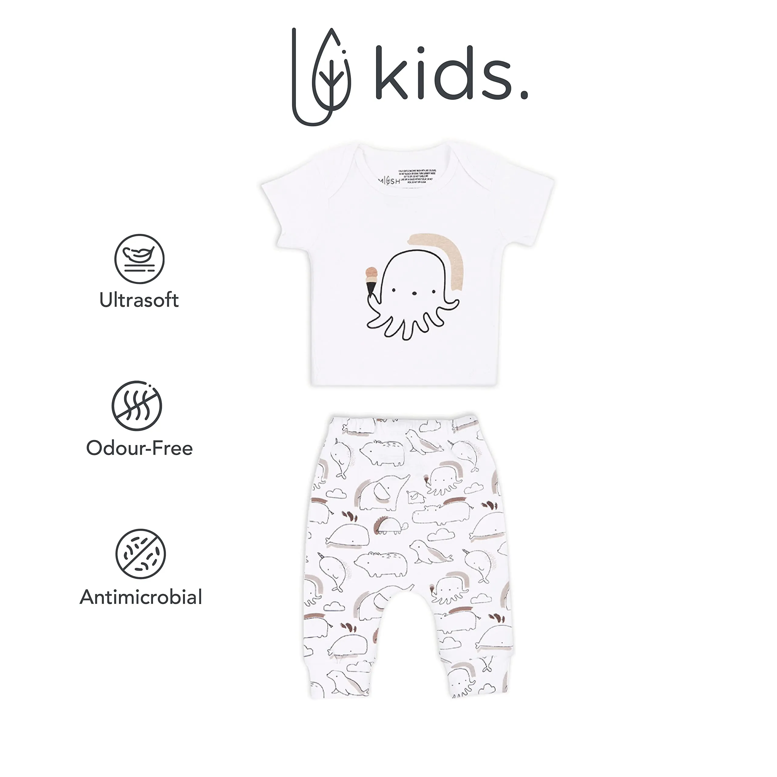 Mush Ultra Soft Bamboo Unisex Tees & Pants Combo Set for New Born Baby/Kids,Pack of 2 (3-6 Month, Marine Life)