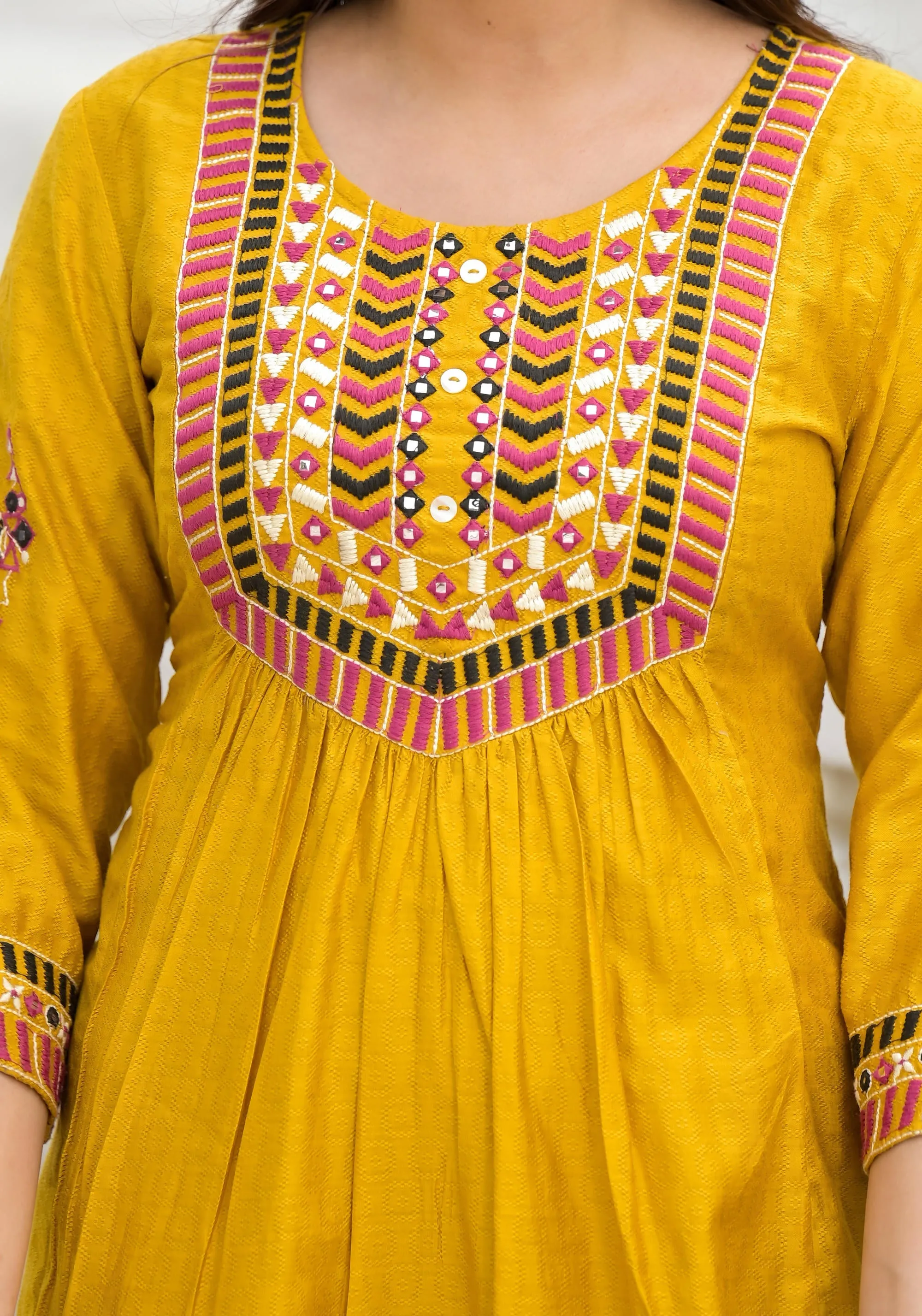 Mustard Solid Nylon Kurta Pant With Dupatta Set With Thread & Mirror Work