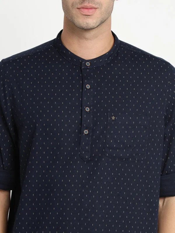 Navy Blue Pure Cotton Printed Kurta Shirt