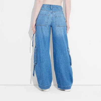 New - Women's Mid-Rise Wide Leg Cargo Baggy Pants - Wild Fable