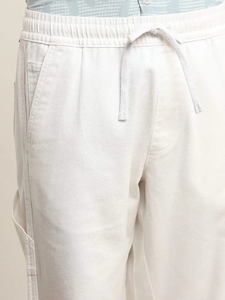 Nuon White Relaxed Fit Solid Cotton Mid Rise Pants