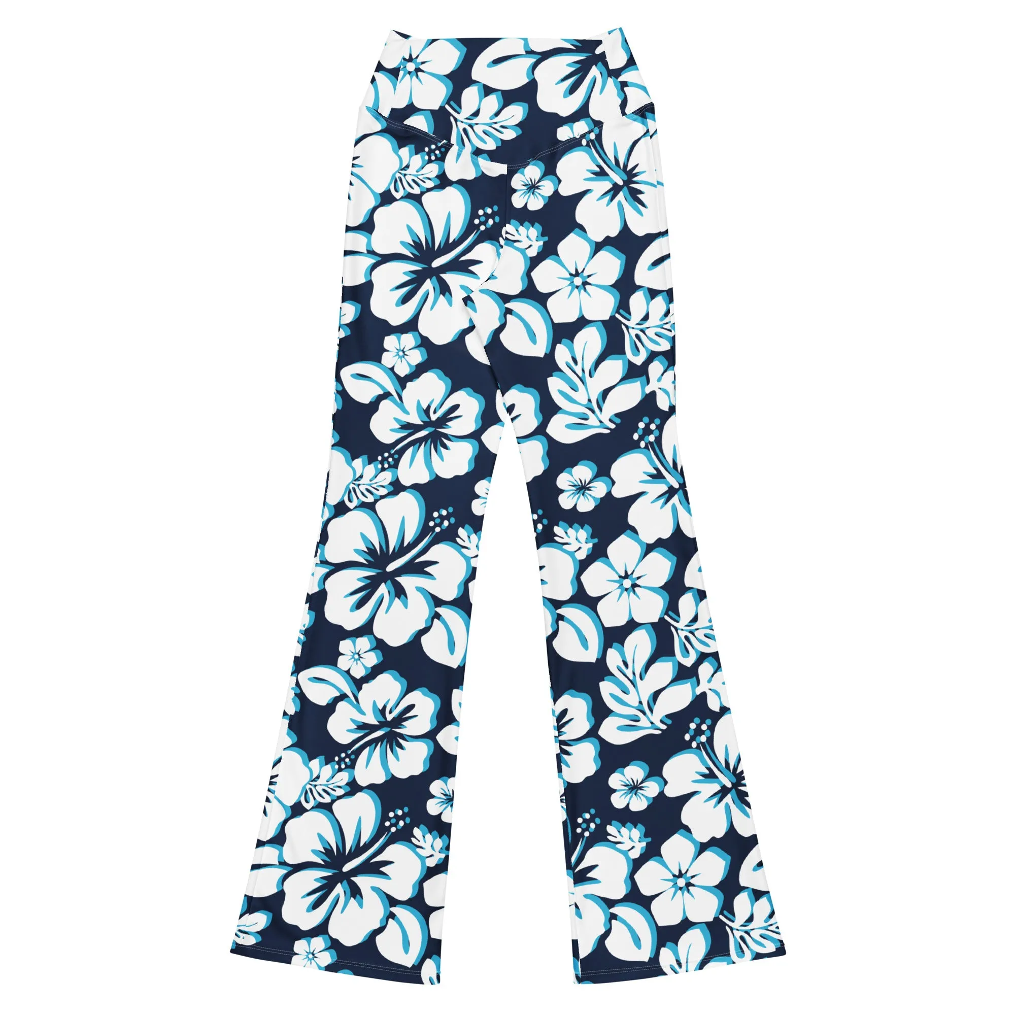 Ocean Blues Hawaiian Flowers Flare Leggings