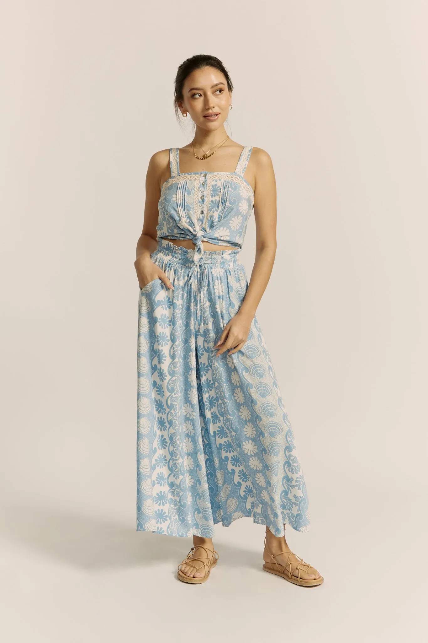 Oceane Blue Abstract Wide Leg Pants