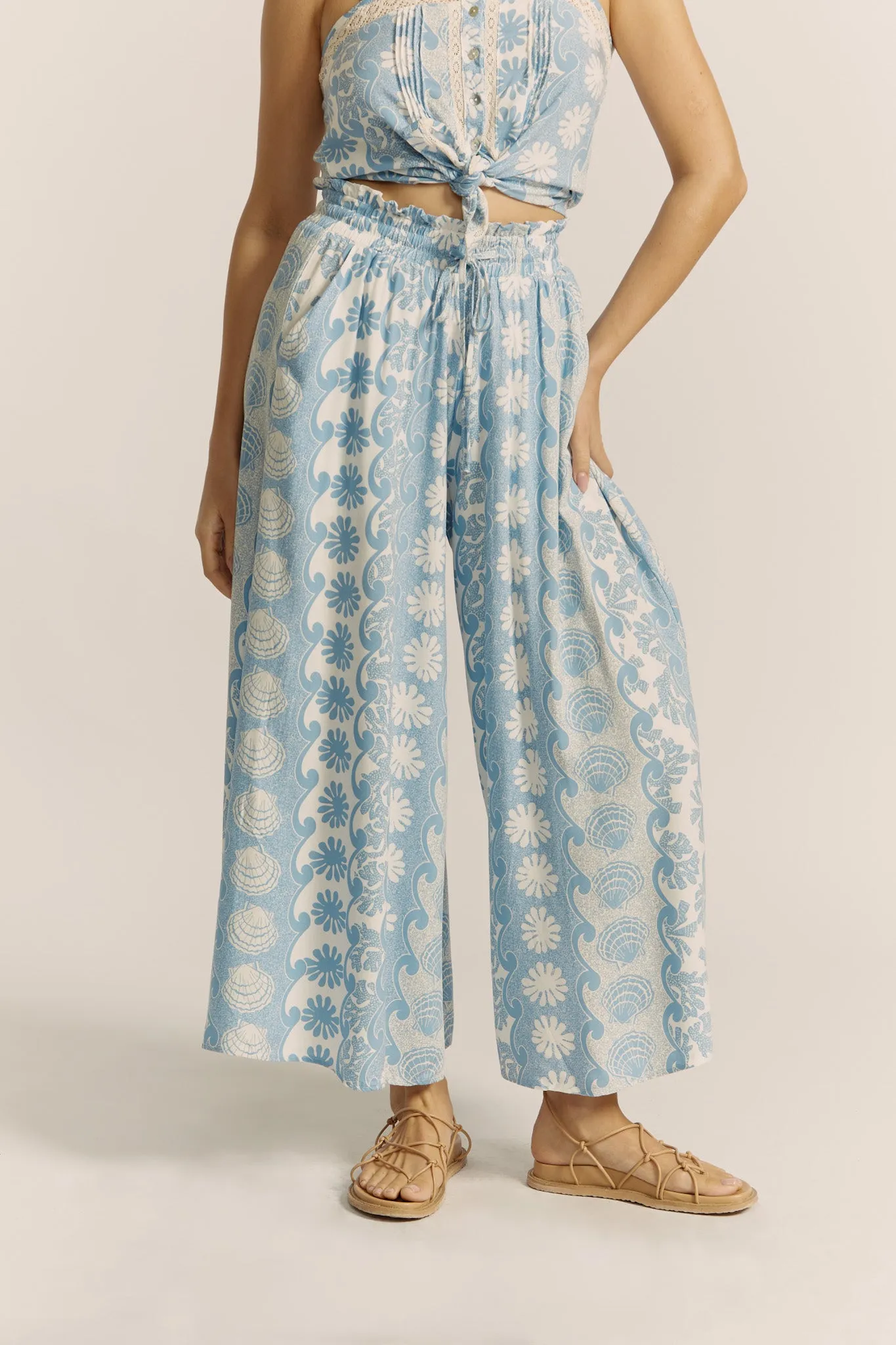 Oceane Blue Abstract Wide Leg Pants