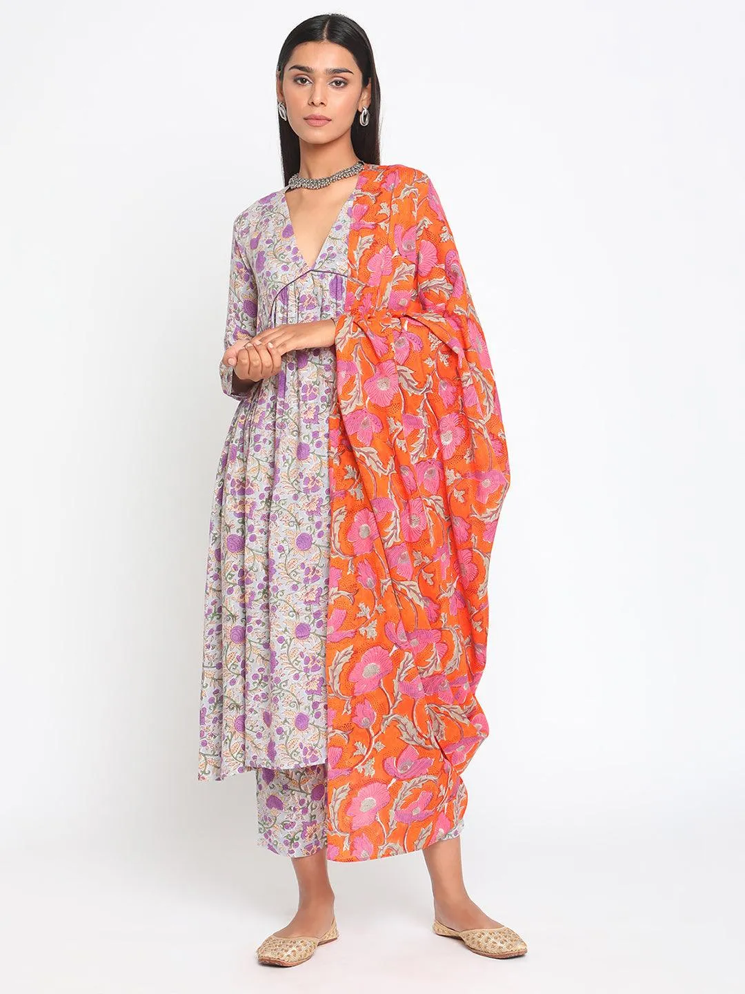 Orange Hand Block Printed Silk Dupatta