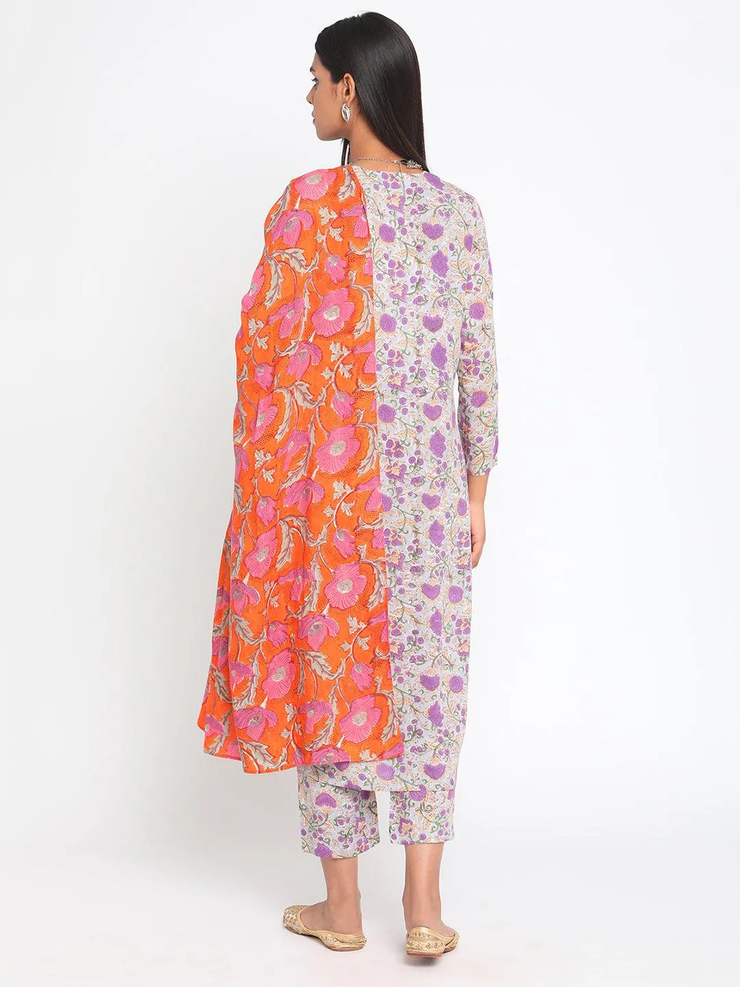 Orange Hand Block Printed Silk Dupatta