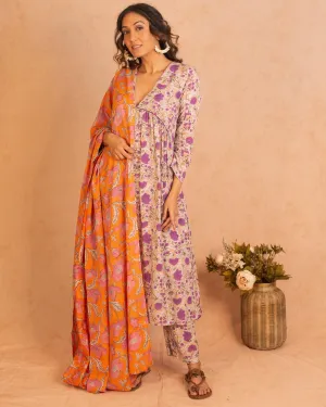 Orange Hand Block Printed Silk Dupatta