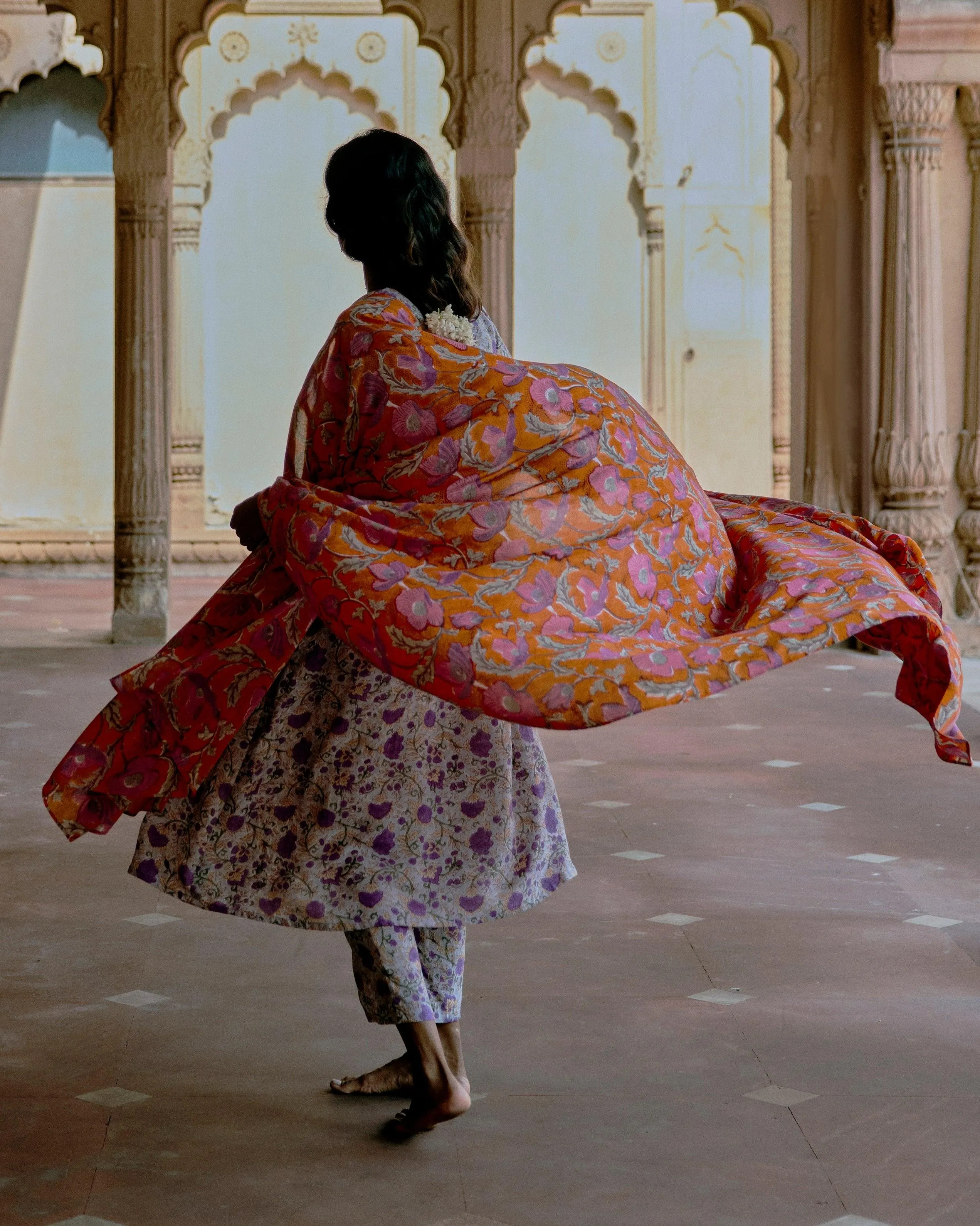 Orange Hand Block Printed Silk Dupatta