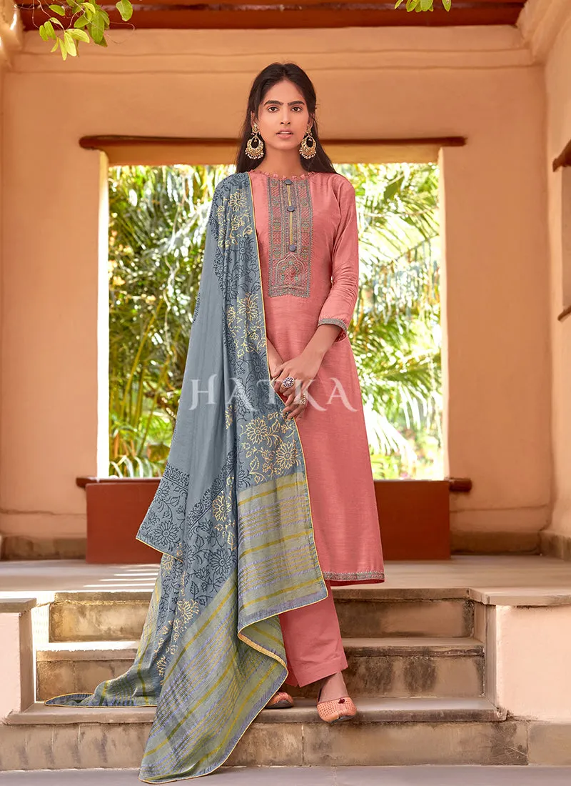 Peach And Blue Embroidered Pant Style Salwar Suit