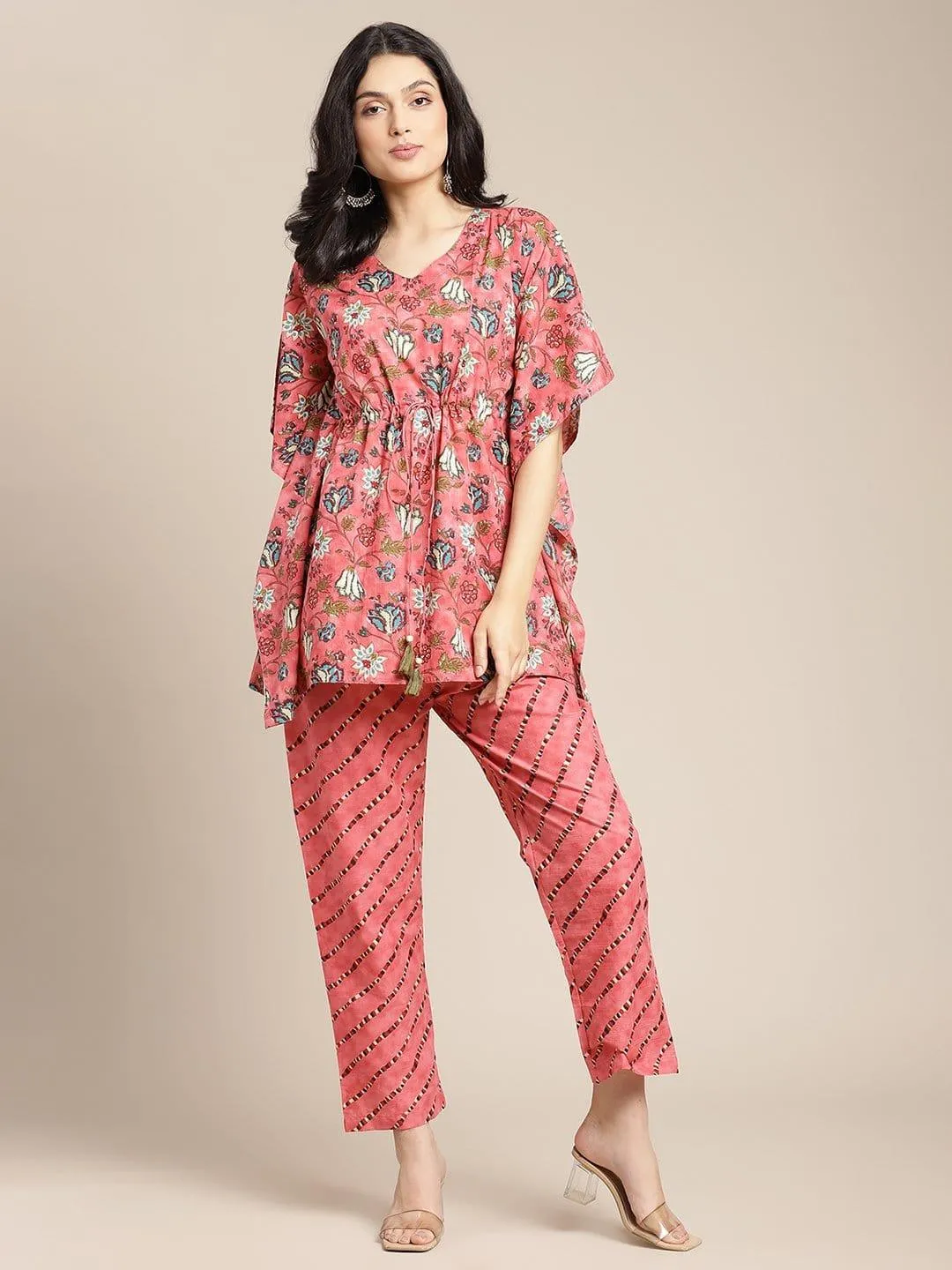 Peach And Blue Floral Printed Kaftan With Straight Pants