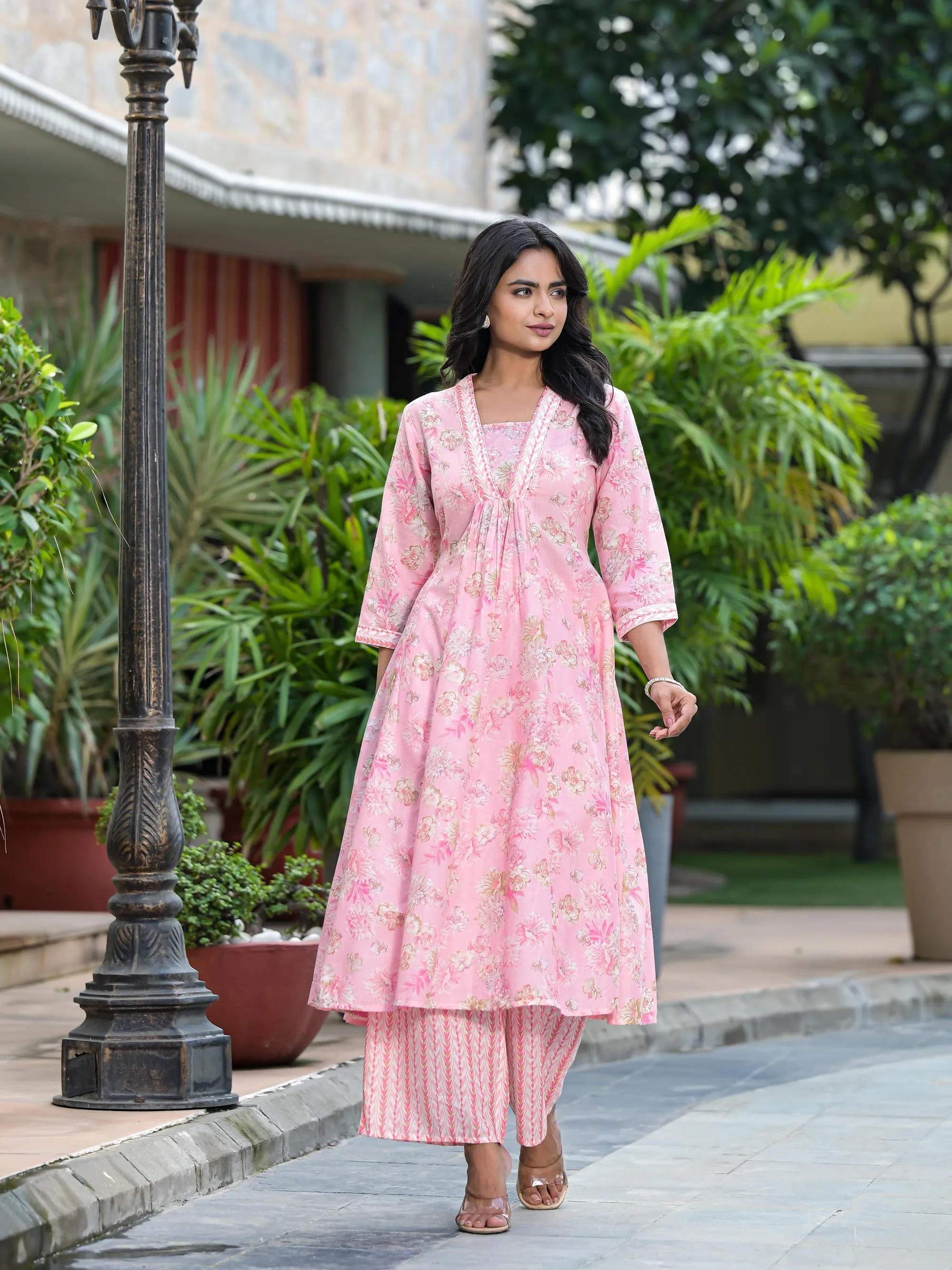 Pink Floral Printed Cotton Kurta Palazzo With Dupatta Set With Sequins