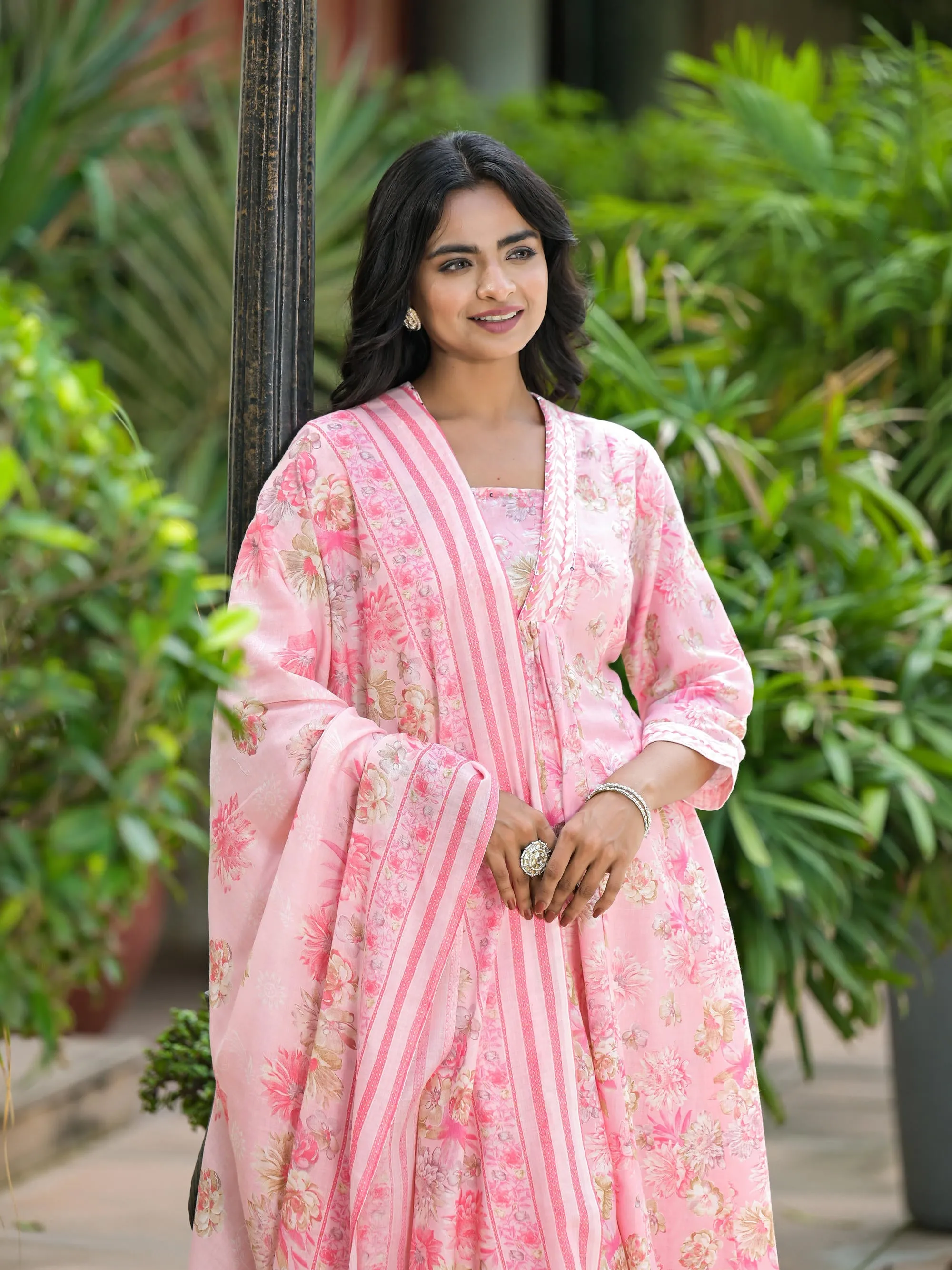 Pink Floral Printed Cotton Kurta Palazzo With Dupatta Set With Sequins