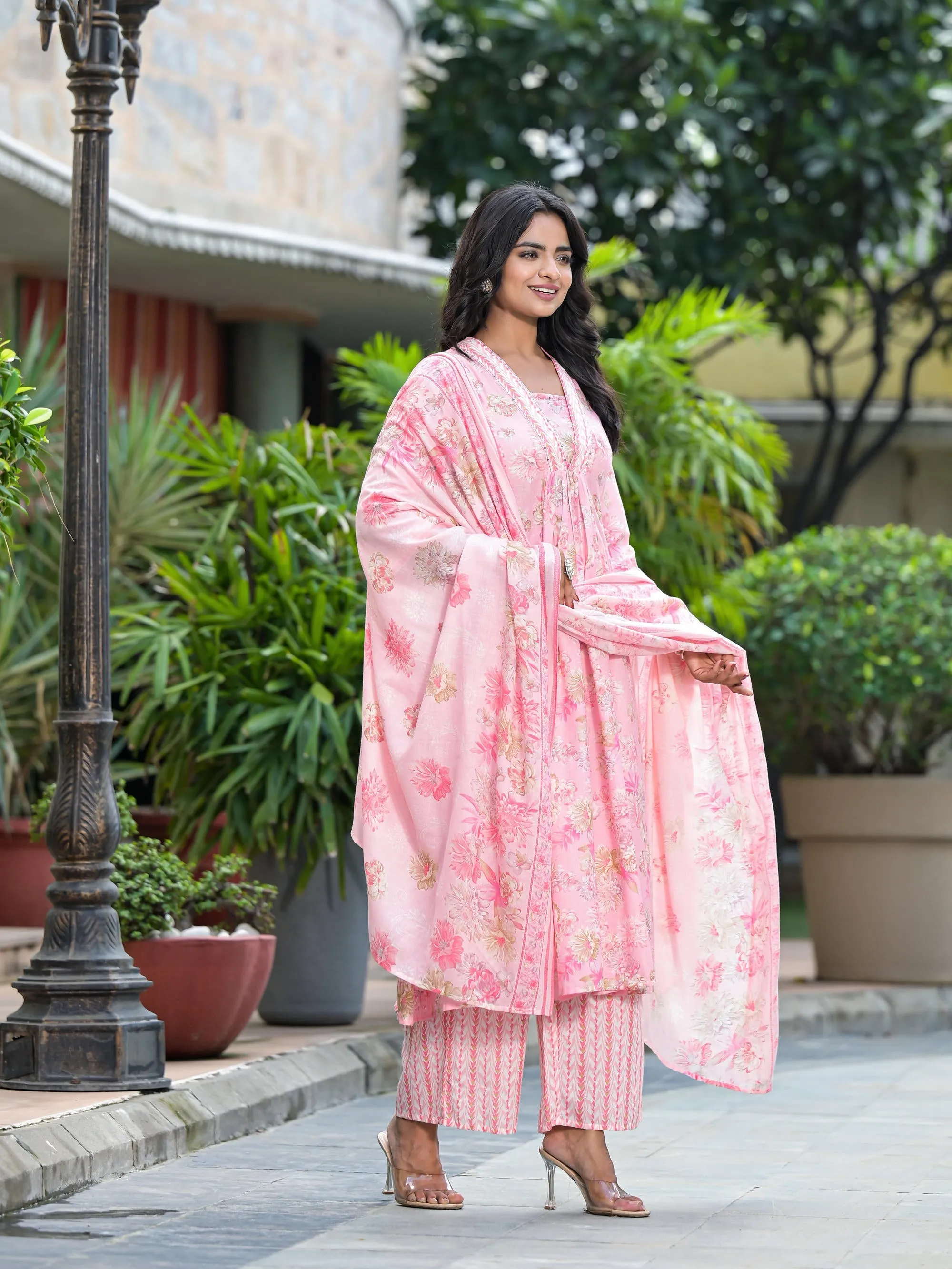 Pink Floral Printed Cotton Kurta Palazzo With Dupatta Set With Sequins