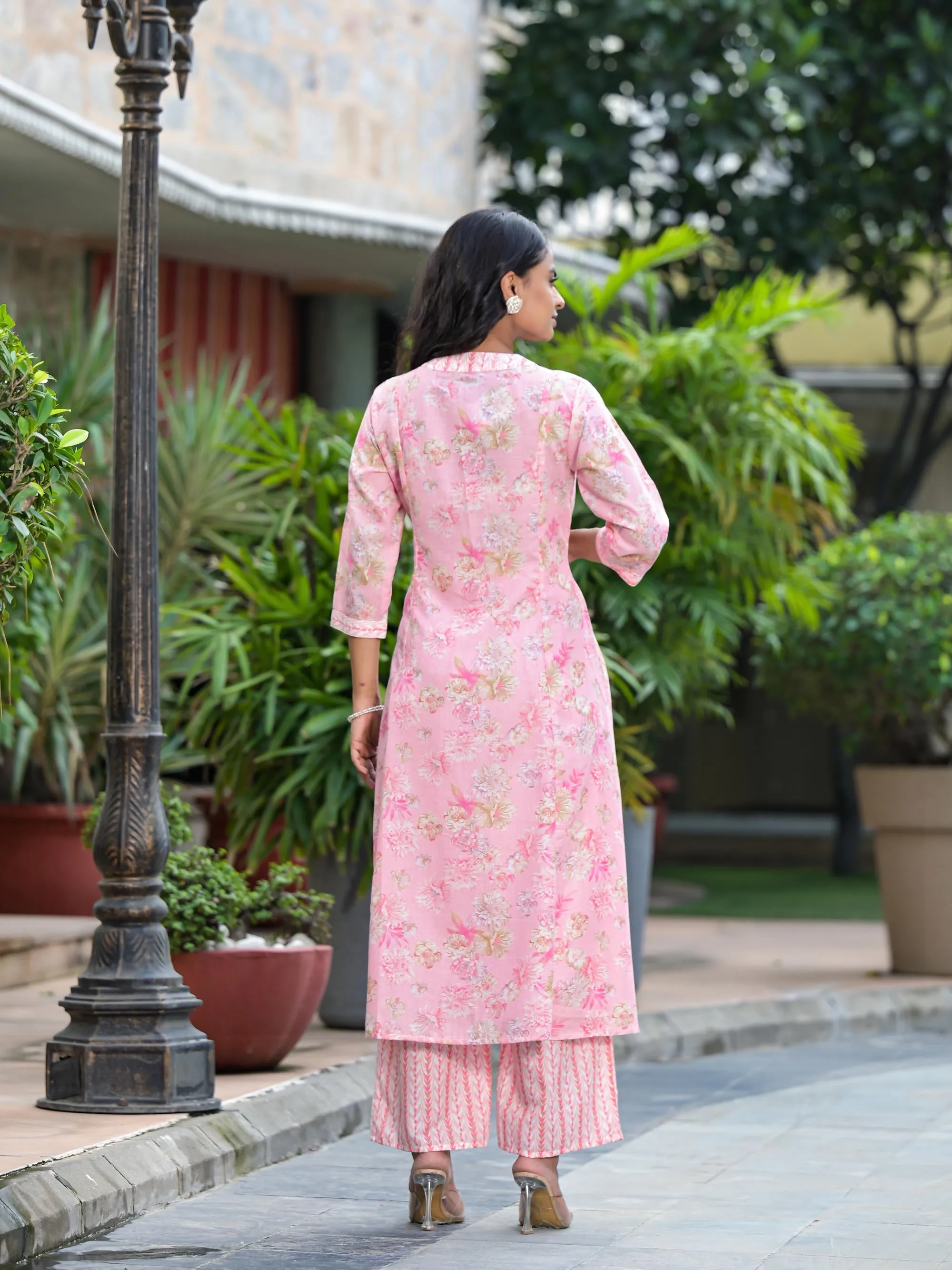 Pink Floral Printed Cotton Kurta Palazzo With Dupatta Set With Sequins