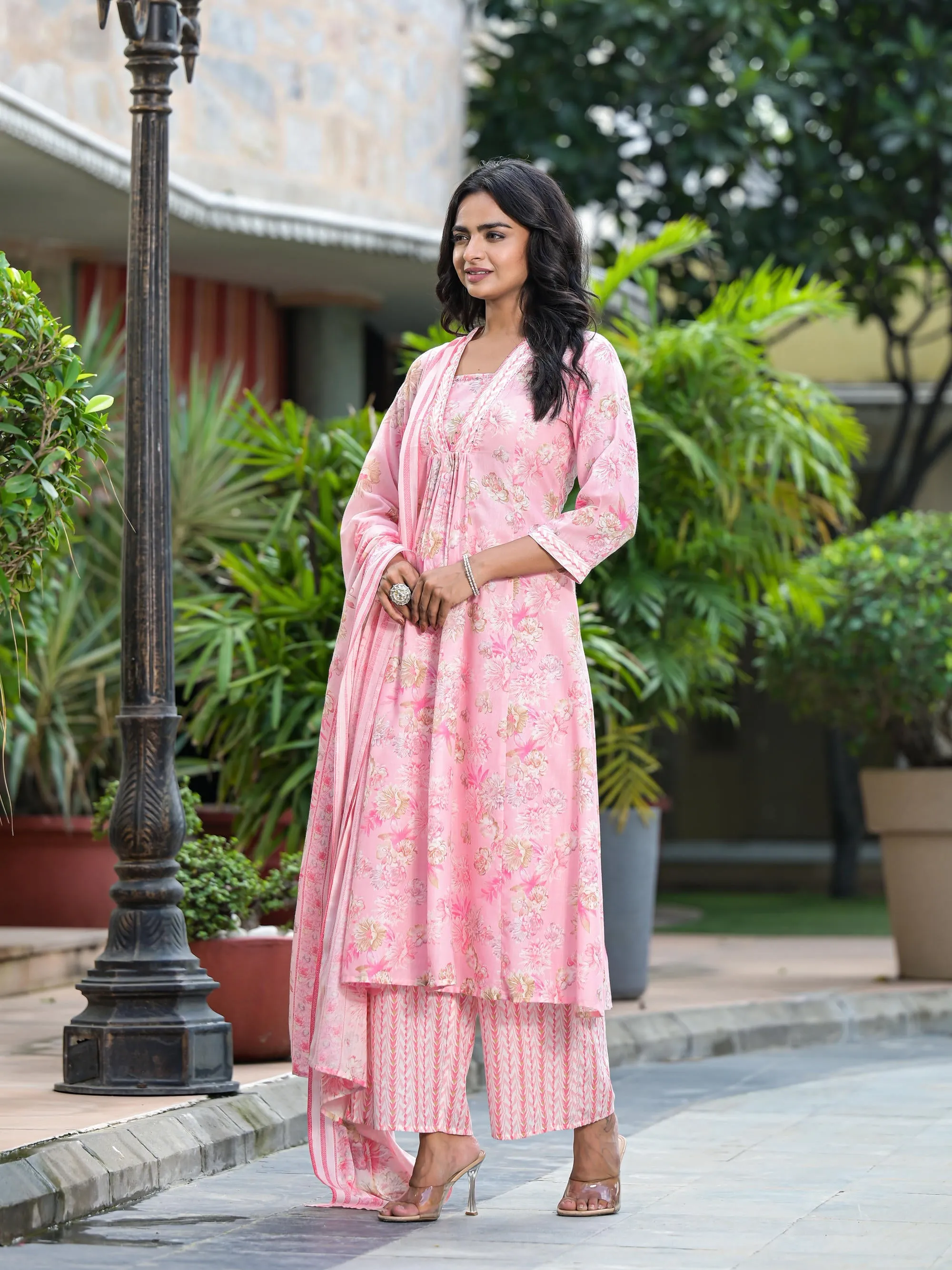 Pink Floral Printed Cotton Kurta Palazzo With Dupatta Set With Sequins