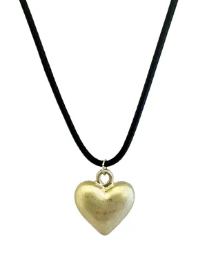 Puffy Matte Gold Heart on Black Cord