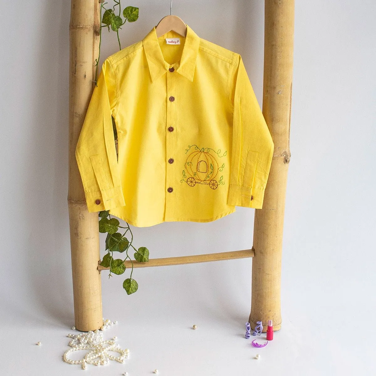 Pumpkin Carriage Embroidered Organic Cotton Shirt- Yellow