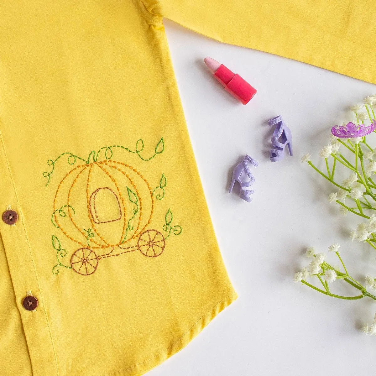 Pumpkin Carriage Embroidered Organic Cotton Shirt- Yellow